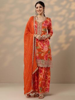 Libas - Orange Floral Printed Silk Blend Kurta with Palazzo and Dupatta