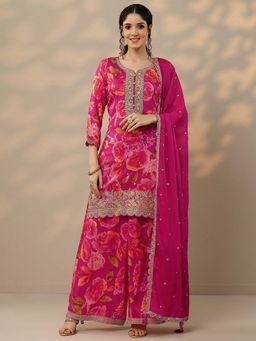 Libas - Pink Floral Printed Silk Blend Kurta with Palazzo and Dupatta