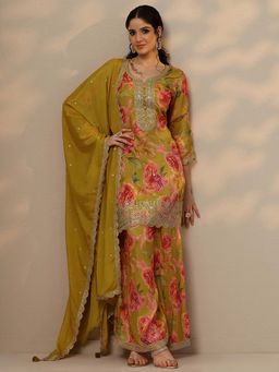 Libas - Green Floral Printed Silk Blend Kurta with Palazzo and Dupatta