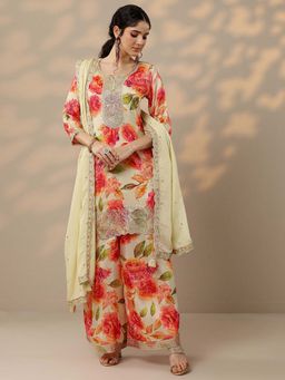 Libas - Off White Floral Printed Silk Blend Kurta with Palazzo and Dupatta