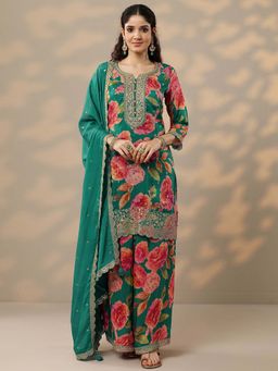 Libas - Green Floral Printed Silk Blend Kurta with Palazzo and Dupatta