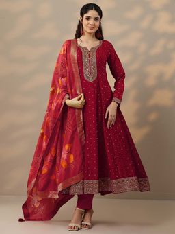 Libas - Red Printed Silk Blend Anarkali Kurta with Pant and Dupatta