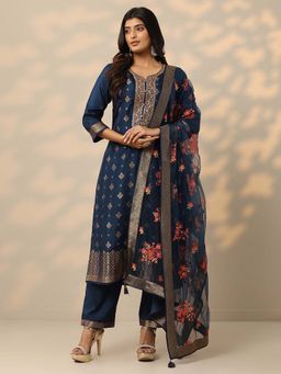 Libas - Navy Blue Woven Design Silk Blend Kurta with Pant and Dupatta