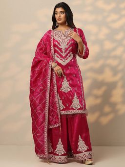 Libas Art - Pink Embroidered Organza Kurta with Palazzo and Dupatta