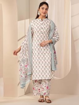 Libas - Off White Floral Printed Straight Kurta with Pant and Dupatta