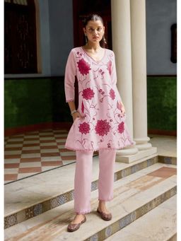 Autumnlane - Barista Rose Pink Floral Embroidery Cotton Kurta with Pant