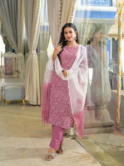 Divena - Pink Floral Printed Cotton Kurta with Pant and Dupatta
