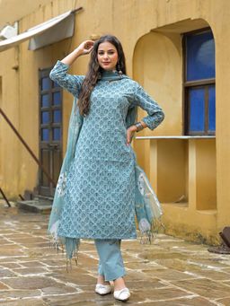 Divena - Blue Embroidered Printed Straight Kurta with Pant and Dupatta