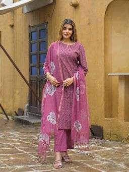 Divena - Pink Embroidered Printed Straight Kurta with Pant and Dupatta