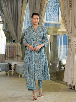 Divena - Blue Floral Print Cotton A-Line Kurta with Pant and Dupatta