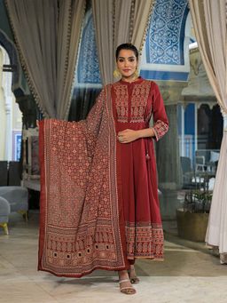Divena - Red Paisley Print Cotton Anarkali Kurta with Pant and Dupatta
