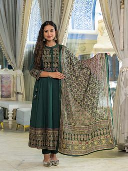 Divena - Green Paisley Print Cotton Anarkali Kurta with Pant and Dupatta