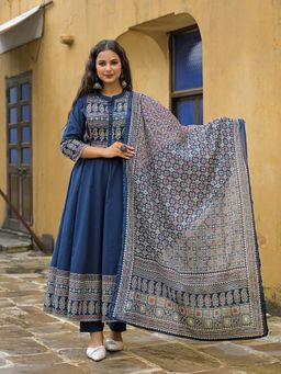 Divena - Blue Paisley Print Cotton Anarkali Kurta with Pant and Dupatta
