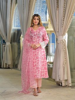 Divena - Pink Floral Printed Tessar Silk Straight Kurta with Pant and Dupatta
