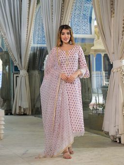 Divena - Pink Floral Hand Block Muslin Straight Kurta with Pant and Dupatta