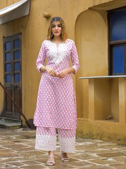Divena - Pink Hand Block Printed and Embroidered Cotton Co-Ord Set