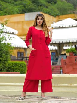 Divena - Red Solid Cotton A-Line Co-Ord Set