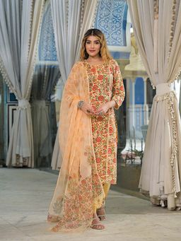 Divena - Yellow Hand Block Cotton Straight Kurta with Pant and Dupatta