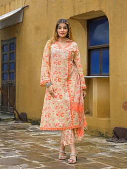 Divena - Beige Floral Print Angarkha Kurta with Pant and Dupatta