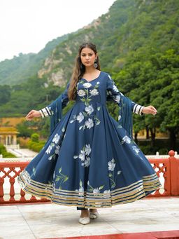 Divena - Navy Blue Floral Hand Painted Cotton Anarkali Kurta with Pant and Dupatta