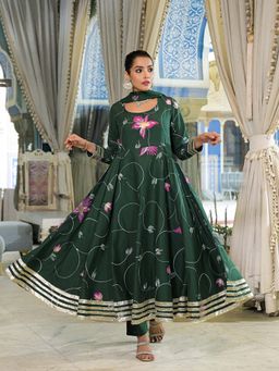 Divena - Dark Green Hand Painted Anarkali Kurta with Pant and Dupatta