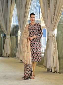 Divena - Black Hand Block Cotton Straight Kurta with Pant and Dupatta