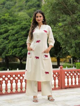 Divena - Red and Off White Embroidered Cotton A-Line Kurta with Palazzo