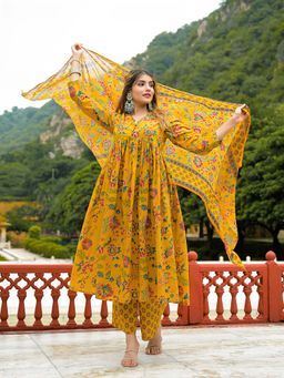 Divena - Mustard Floral Print Cotton Anarkali Kurta with Pant and Dupatta