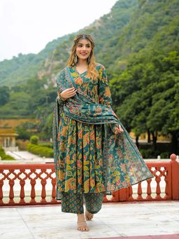 Divena - Green Cotton Anarkali Kurta and Pant with Dupatta