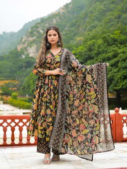 Divena - Black Cotton Anarkali Kurta and Pant with Dupatta