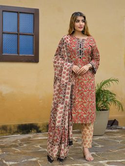 Divena - Maroon Floral Hand Block Cotton Kurta with Pant and Dupatta