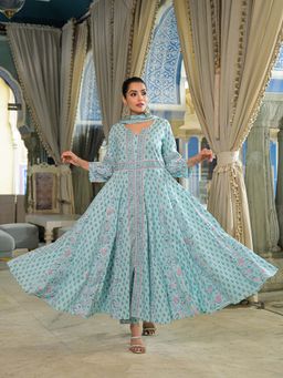 Divena - Sky Blue Floral Printed Anarkali Kurta with Pant and Dupatta