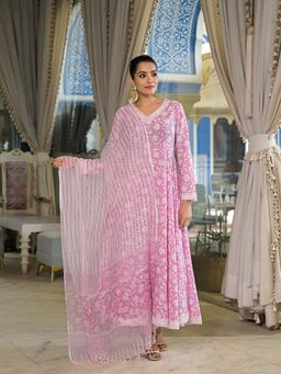 Divena - Pink Floral Printed Cotton Anarkali Kurta with Pant and Dupatta
