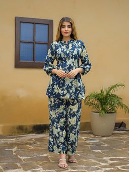 Divena - Navy Blue Floral Print Cotton Co-Ord Set