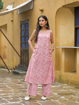 Divena - Pink Floral Print A-Line Cotton Co-Ord Set