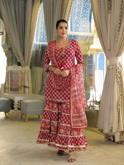 Divena - Red Hand Block Cotton Straight Kurta with Sharara and Dupatta