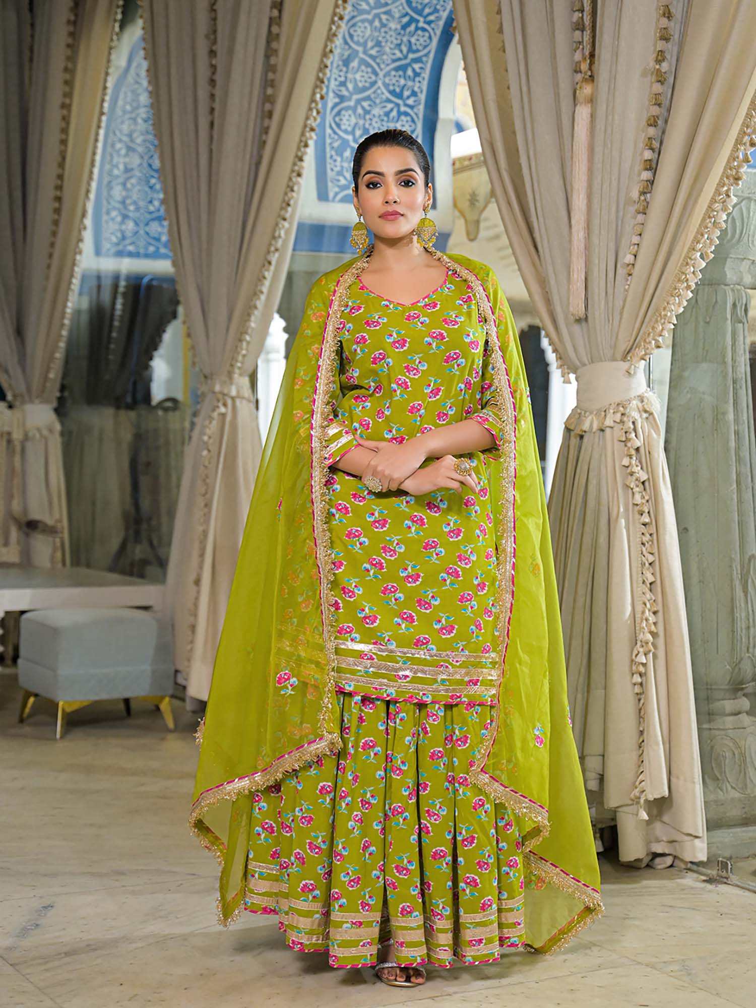 Green Cotton Kurti with Lehenga and Dupatta-image-36