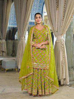 Divena - Green Cotton Kurti with Lehenga and Dupatta