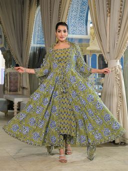 Divena - Green Floral Printed Anarkali Kurta Pant with Dupatta and Jacket