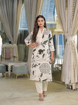 Divena - Off White Floral Print Cotton Straight Kurta with Pant