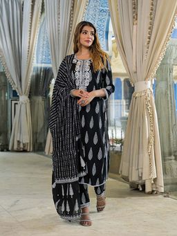 Divena - Black Embroidered and Printed Straight Kurta with Pant and Dupatta