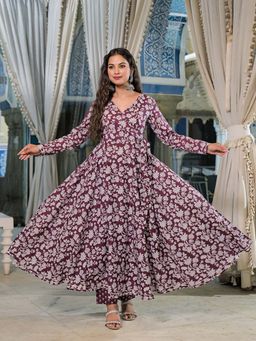 Divena - Burgundy Floral Print Cotton Angarkha Kurta with Pant