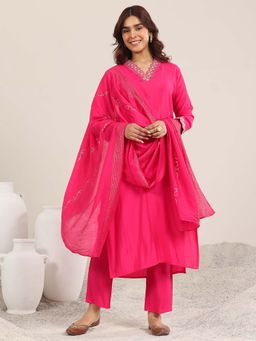 Gerua By Libas - Pink Embellished Bordered Solid Kurta with Pant and Dupatta