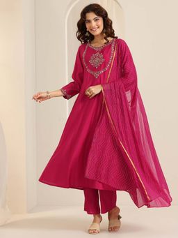 Gerua By Libas - Pink Floral Embroidered Anarkali Kurta with Pant and Dupatta