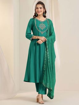 Gerua By Libas - Green Floral Embroidered Anarkali Kurta with Pant and Dupatta