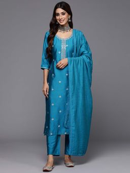 Gerua By Libas - Blue Silk Blend Embroidered Kurta with Pant and Dupatta