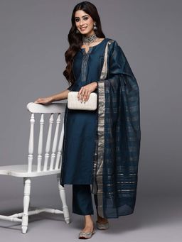 Gerua By Libas - Navy Blue Silk Blend Solid Kurta with Pant and Dupatta