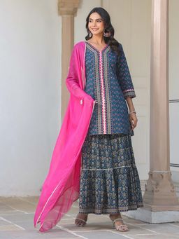 Janasya - Dark Blue Floral Printed Kurta with Sharara and Dupatta