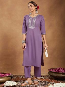 Janasya - Lavender Pure Cotton Yoke Embroidered Straight Kurta with Pant