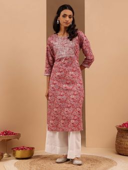 Janasya - Pink Pure Cotton Embroidered Printed Straight Kurta